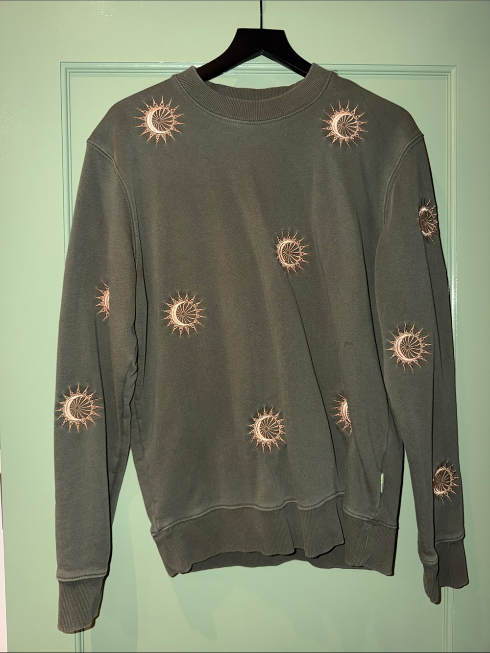 Scotch & Soda Olive Crewneck Sweater with Tan Sun Embroidery